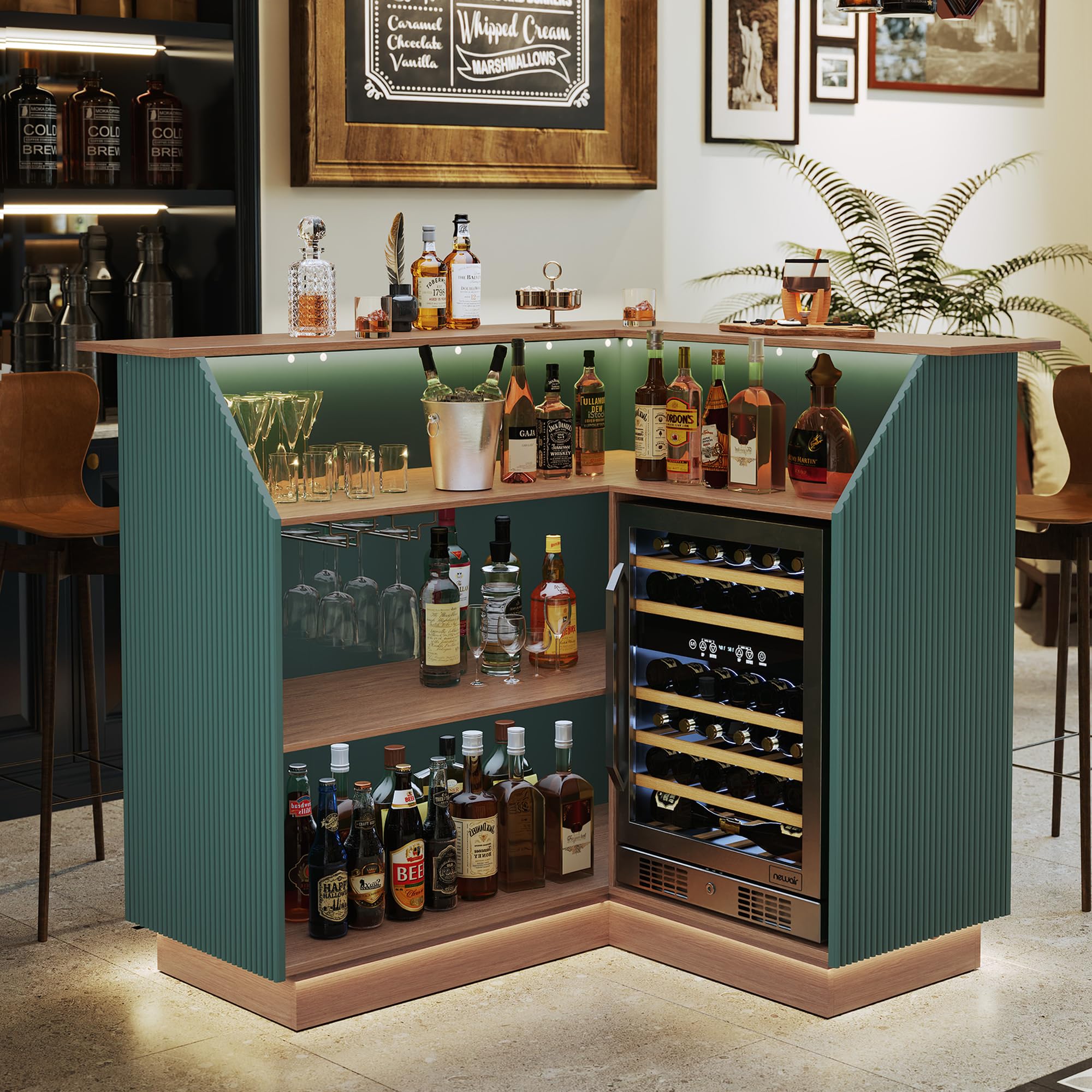 Green Fluted L-Shape Corner Ba - Home Bar And Fridge 评论和价格