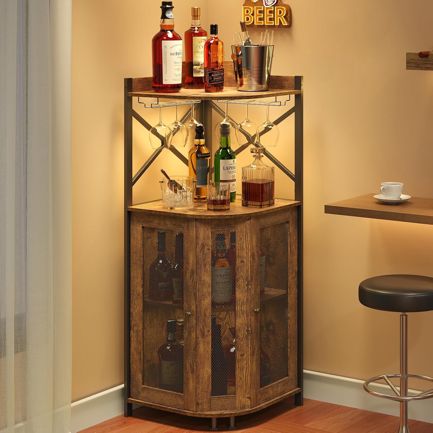Corner LED Bar Cabinet with Gl - Home Bar Shelves 评论和价格