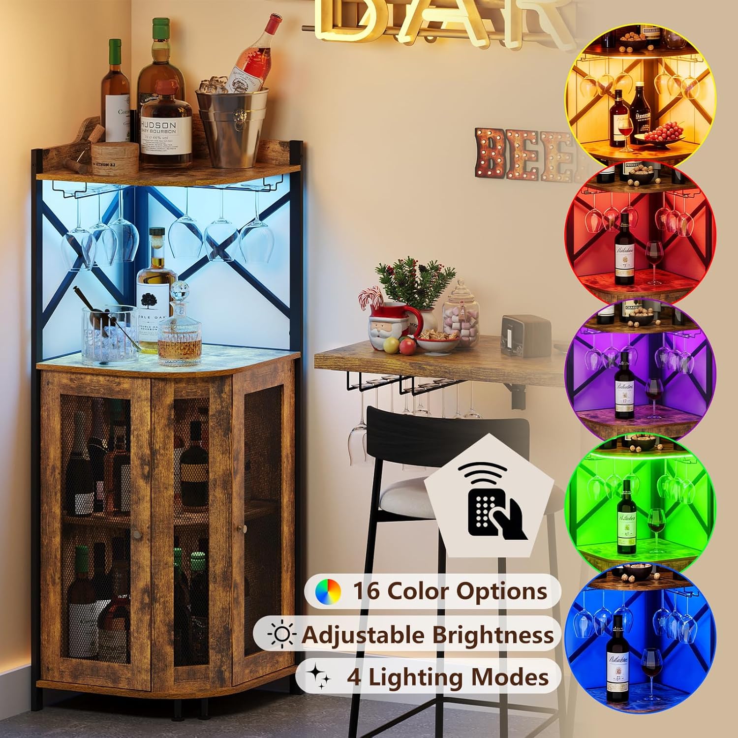 Corner LED Bar Cabinet with Gl - Home Bar Shelves 评论和价格