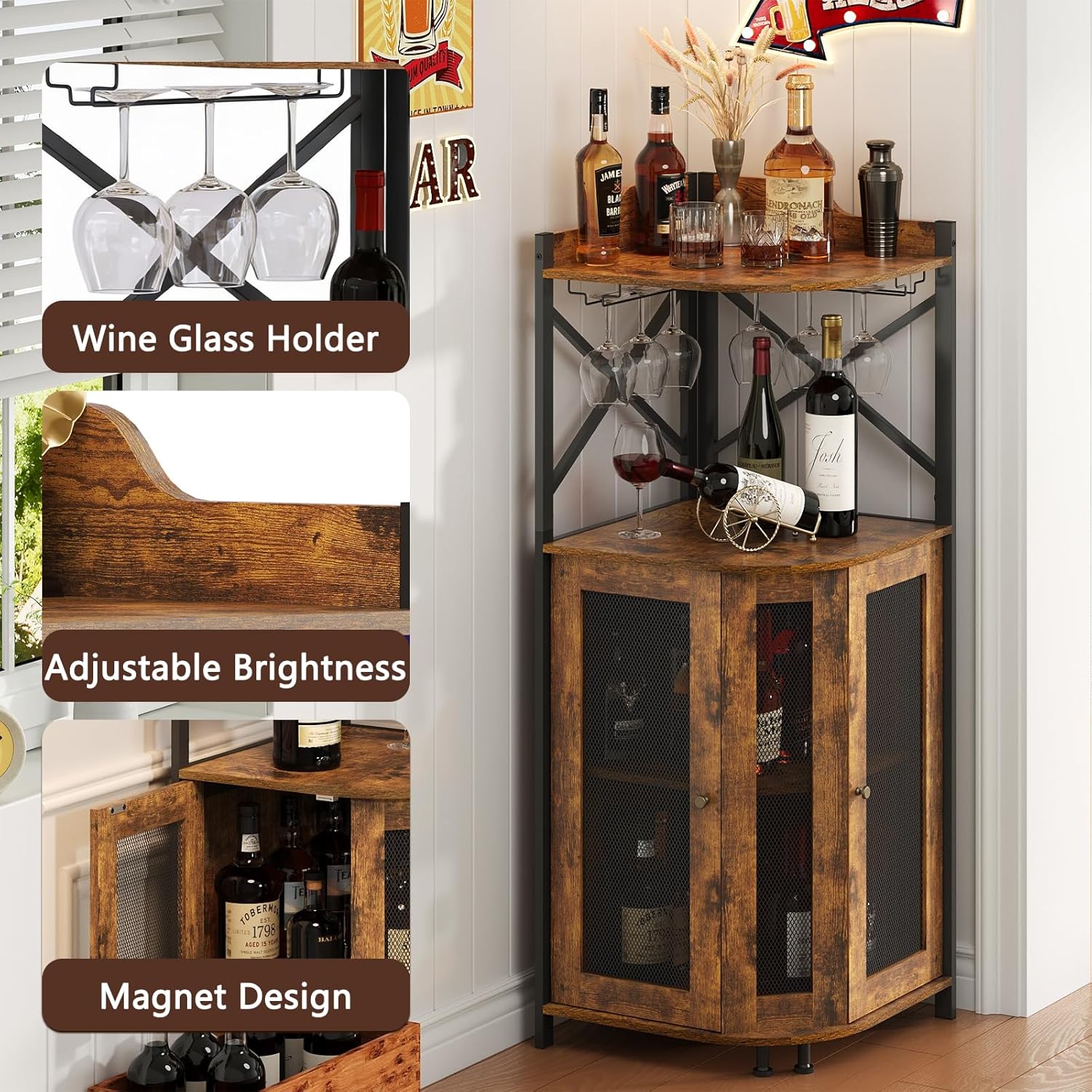 Corner LED Bar Cabinet with Gl - Home Bar Shelves 评论和价格